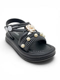 Flower Applique Detailed Button Closure Sandals - Black