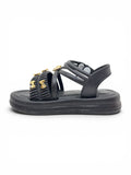 Bow Applique Detailed Button Closure Sandals - Black