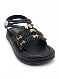 Bow Applique Detailed Button Closure Sandals - Black