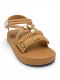 Bow Applique Detailed Button Closure Sandals - Brown