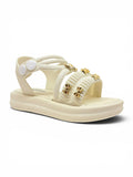 Bow Applique Detailed Button Closure Sandals - Cream