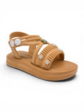 Flower Applique Detailed Button Closure Sandals - Brown