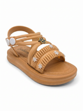 Flower Applique Detailed Button Closure Sandals - Brown
