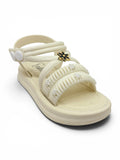 Flower Applique Detailed Button Closure Sandals - Cream