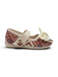 Bow Applique Detailed Velcro Closure Ballerinas - Cream