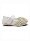 Pearl Applique Detailed Metallic Velcro Closure Ballerinas -  White