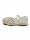 Pearl Applique Detailed Metallic Velcro Closure Ballerinas -  White