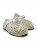 Pearl Applique Detailed Metallic Velcro Closure Ballerinas -  White