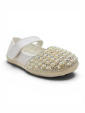 Pearl Applique Detailed Metallic Velcro Closure Ballerinas -  White