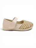 Pearl Applique Detailed Metallic Velcro Closure Ballerinas -  Cream