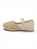Pearl Applique Detailed Metallic Velcro Closure Ballerinas -  Cream