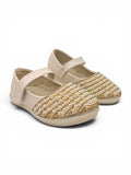 Pearl Applique Detailed Metallic Velcro Closure Ballerinas -  Cream