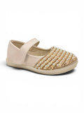 Pearl Applique Detailed Metallic Velcro Closure Ballerinas -  Cream