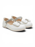 Patent Leather Mary Jane Bellies with Rhinestone Bow & Strap - White