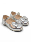 Patent Leather Mary Jane Bellies with Rhinestone Bow & Strap - Silver