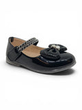 Patent Leather Mary Jane Bellies with Rhinestone Bow & Strap - Black
