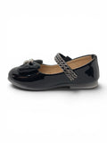Patent Leather Mary Jane Bellies with Rhinestone Bow & Strap - Black