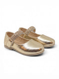 Metallic Pewter Mary Jane Bellies with Rhinestone Strap - Gold