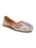 Floral Thread Work Embroidered & Sequins Embellished Mojaris - Cream