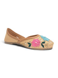 Floral Thread Work Embroidered & Sequins Embellished Mojaris - Beige