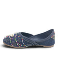 Floral Thread Work Embroidered & Sequins Embellished Mojaris - Navy Blue
