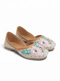 Floral Thread Work Embroidered & Sequins Embellished Mojaris - Cream