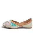 Floral Thread Work Embroidered & Sequins Embellished Mojaris - Cream