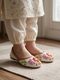 Floral Thread Work Embroidered & Sequins Embellished Mojaris - Cream