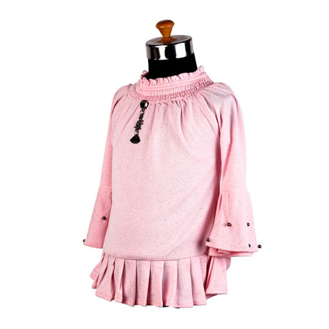 Girls Pink Round Neck Top With Bell Sleeves