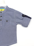 Navy Blue Micro Check Band Collar Full Shirt