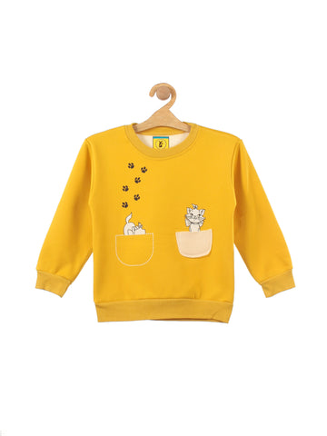 Mustard Cat Printed Fleece Sweatshirt