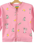 Deep Pink Rabbit Printed Front Open Fleece Sweatshirt