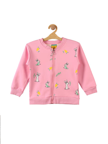 Deep Pink Rabbit Printed Front Open Fleece Sweatshirt
