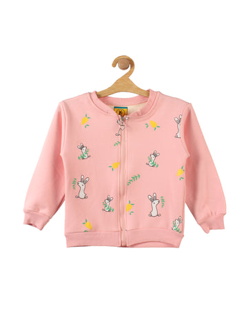 Pink Rabbit Printed Front Open Fleece Sweatshirt