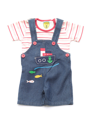 Blue Striped Dungaree Shorts - Pink