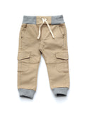 Elastic Waist Cotton Cargo Jogger Trousers With Drawstrings - Beige