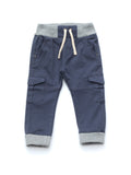 Elastic Waist Cotton Cargo Jogger Trousers With Drawstrings - Navy Blue
