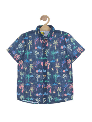 Floral Print Half Shirt - Navy Blue