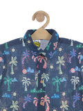 Floral Print Half Shirt - Navy Blue