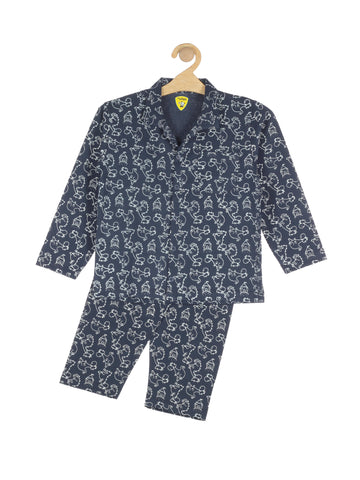 Teddy Printed NIght Suit - Navy Blue