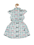 Cat Printed Cotton Frock - Green