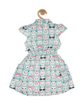 Cat Printed Cotton Frock - Green