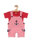 Anchor Print Striped Dungaree Set - Red
