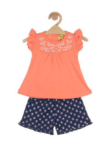 Floral Print Top With Shorts - Orange