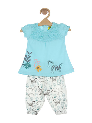 Printed Top With Shorts - Blue