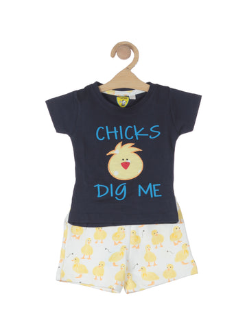 Cartoon Print Tshirt With Shorts - Navy Blue