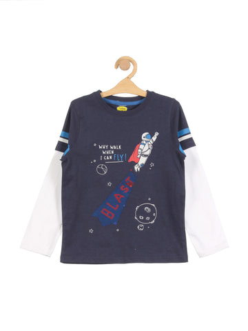 Spaceman Print Round Neck Full Tshirt - Navy Blue