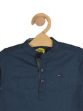 Band Collar Cotton Full Shirt - Navy Blue