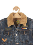 Front Open Fur Lined Denim Jacket - Navy Blue