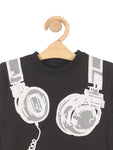 Headphone Printed Round Neck Sweatshirt - Black